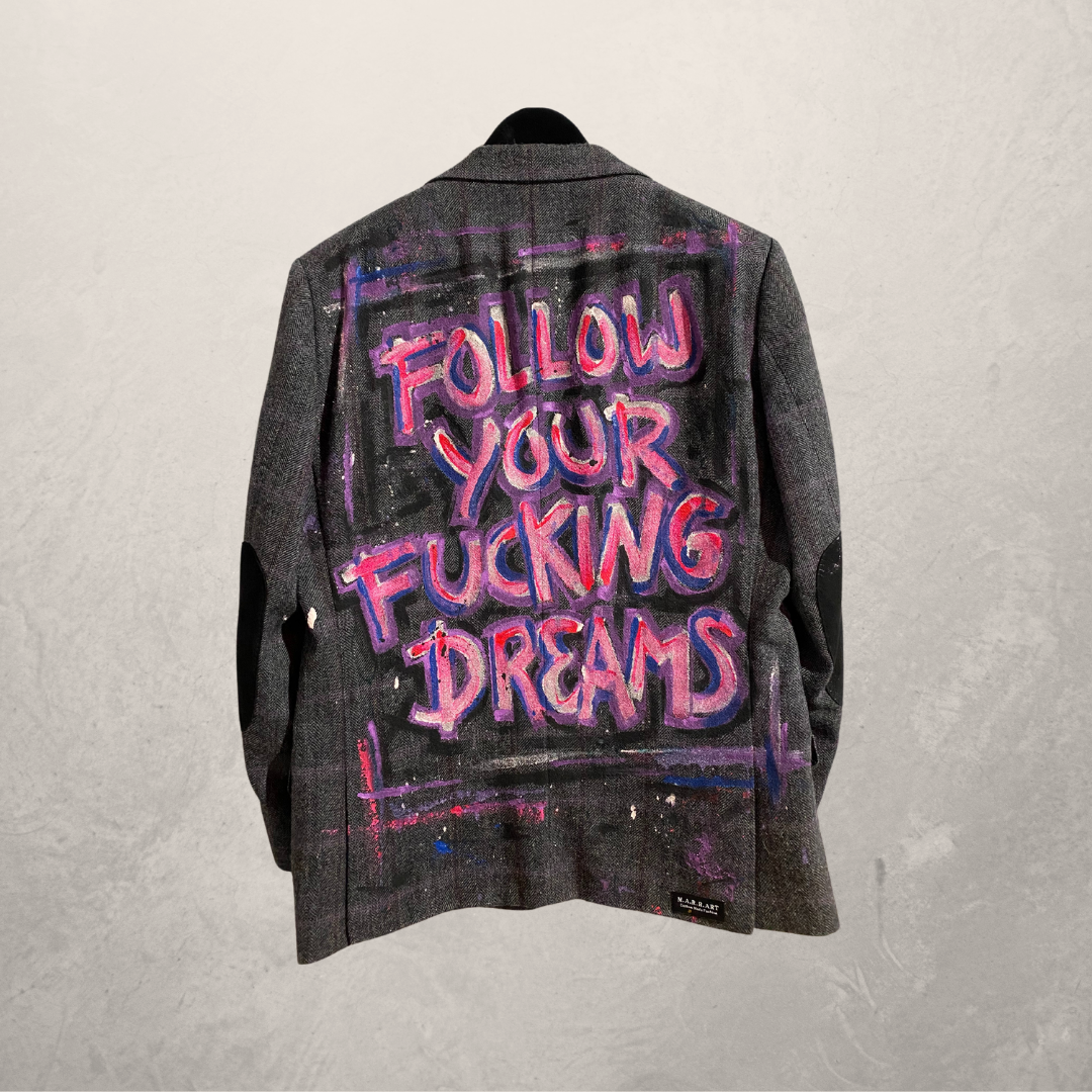 Vintage grey woven "Follow Your F*cking Dreams" blazer L - By @M.a.r.r.art