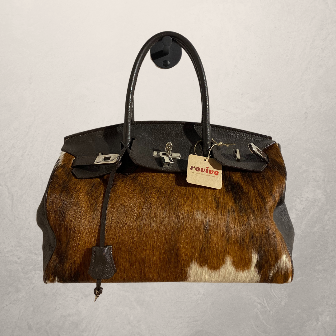 Vintage leather cowhide detail hermes style handbag
