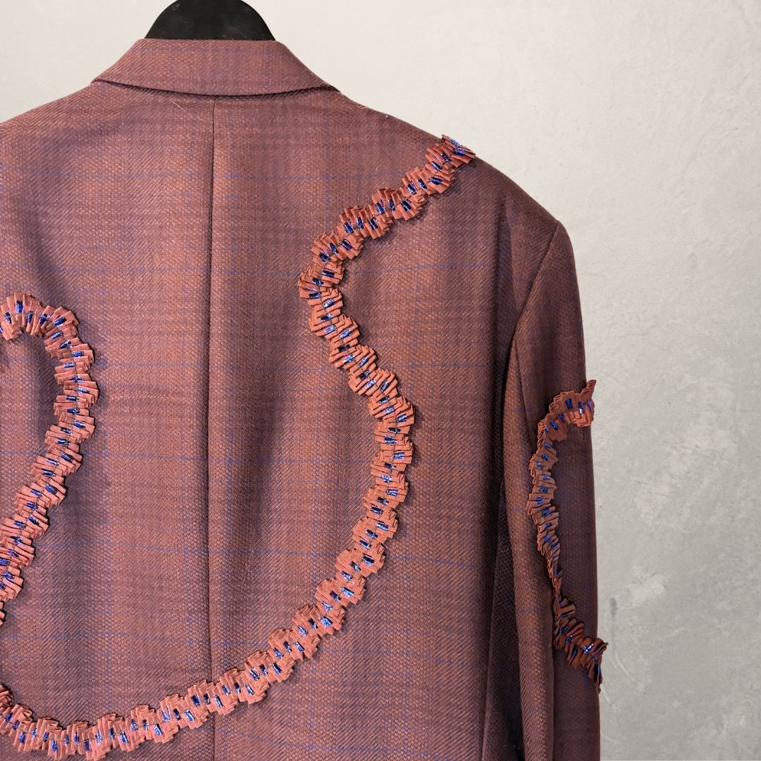 Vintage maroon checkered with ruffles blazer OS- by Holy Disco