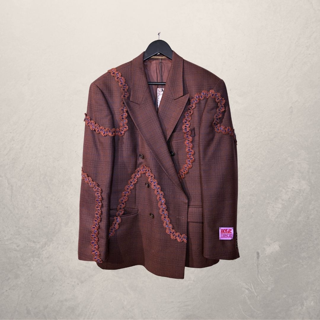 Vintage maroon checkered with ruffles blazer OS- by Holy Disco