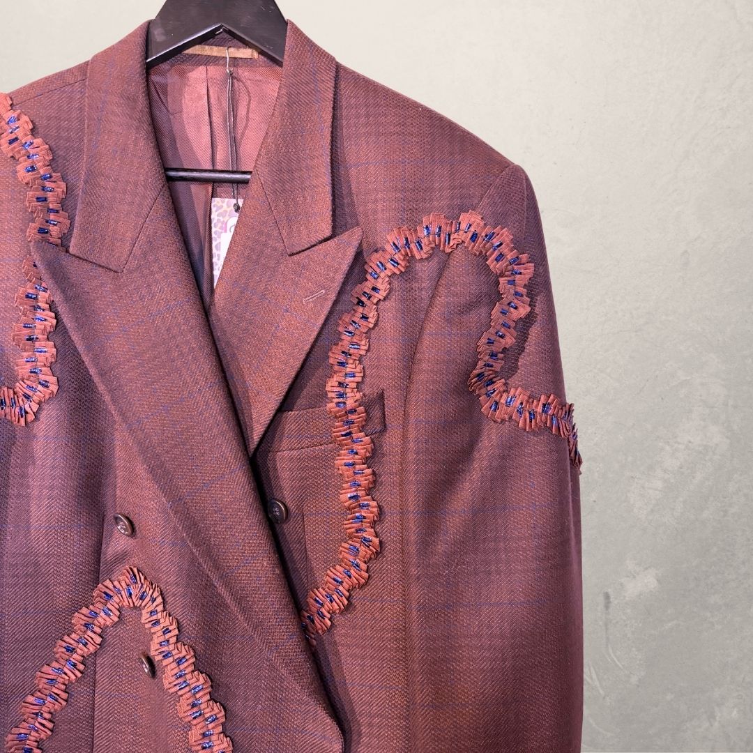 Vintage maroon checkered with ruffles blazer OS- by Holy Disco