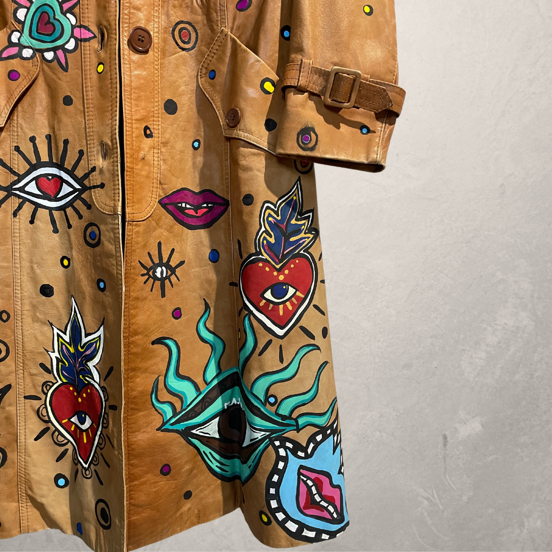 Vintage mustard yellow painted eyes leather jacket M - by @M.a.r.r.art