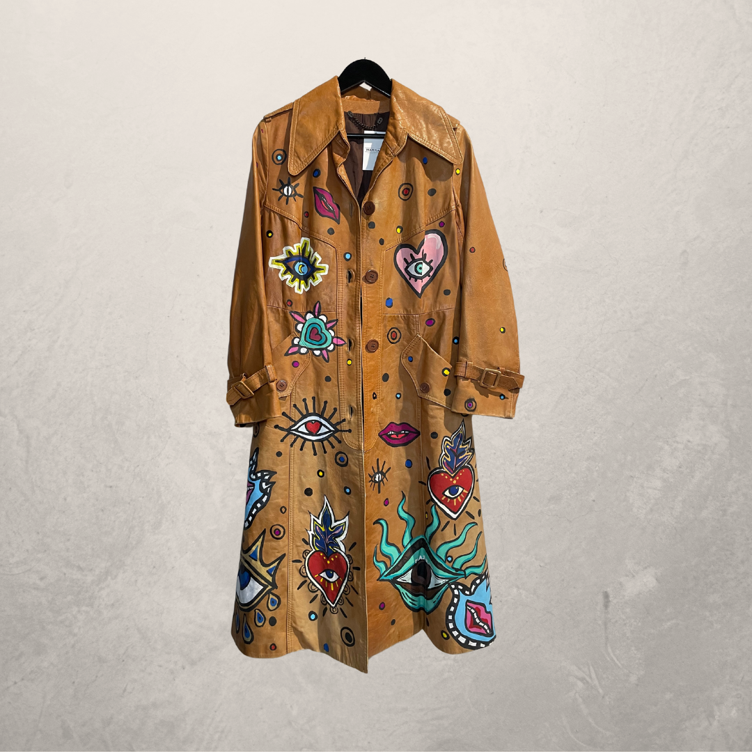 Vintage mustard yellow painted eyes leather jacket M - by @M.a.r.r.art