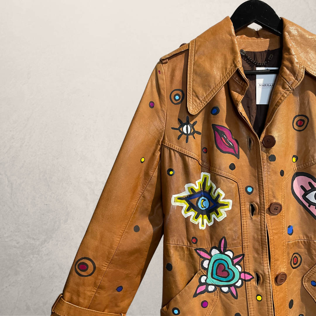 Vintage mustard yellow painted eyes leather jacket M - by @M.a.r.r.art
