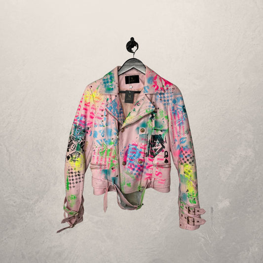 Vintage roze handbeschilderd leren jasje XS - van MARRART