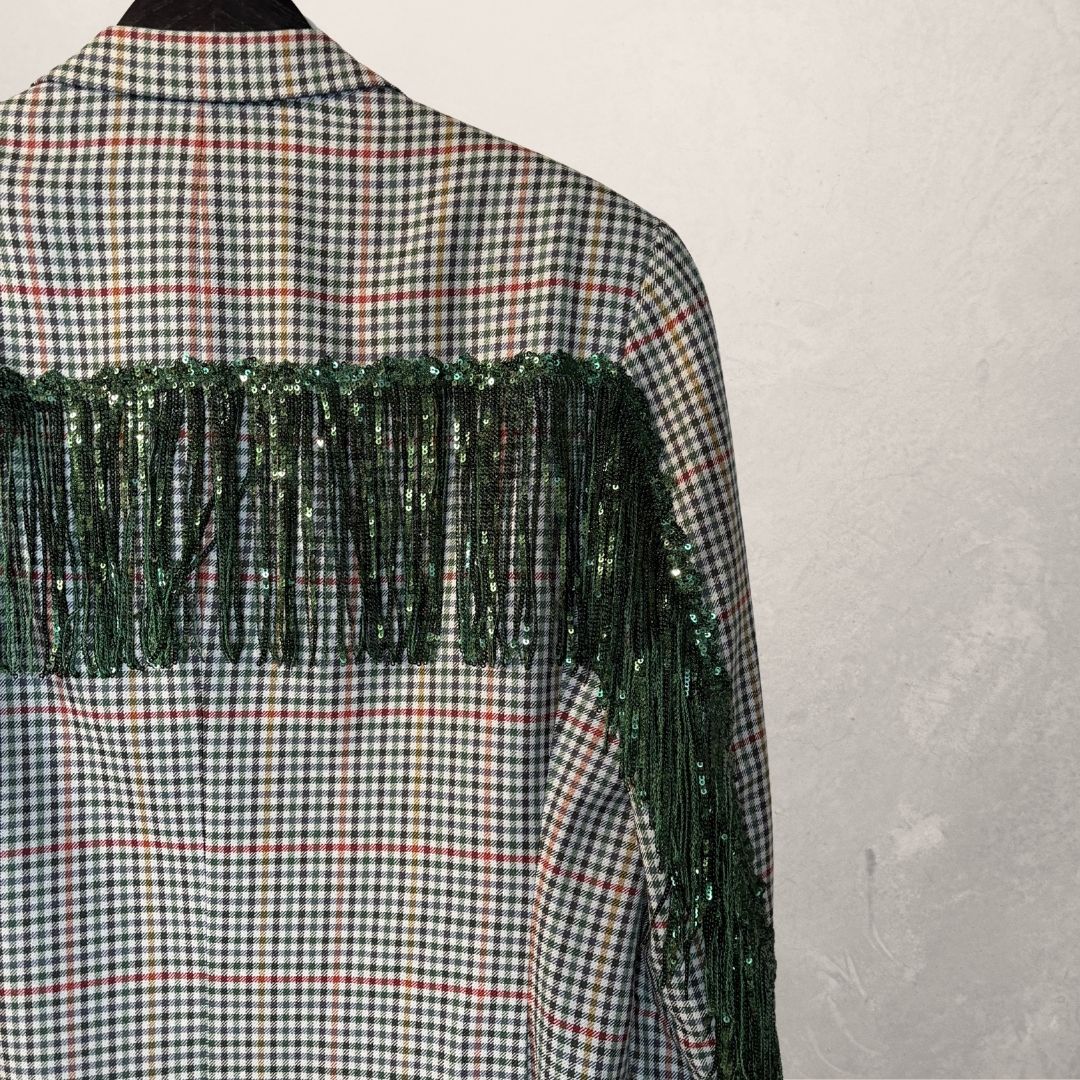 Vintage plaid with green glitter fringes blazer OS- by Holy Disco
