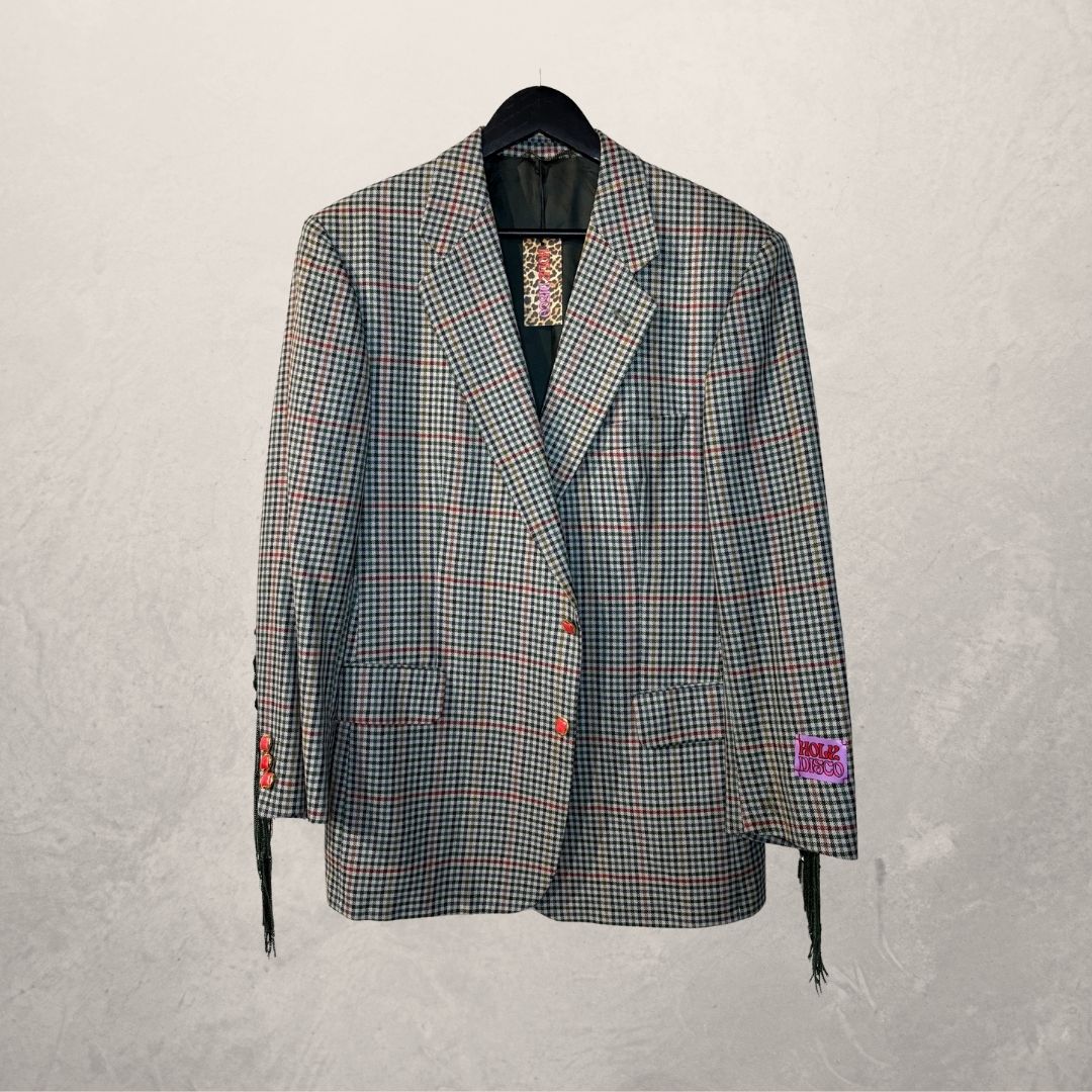 Vintage plaid with green glitter fringes blazer OS- by Holy Disco