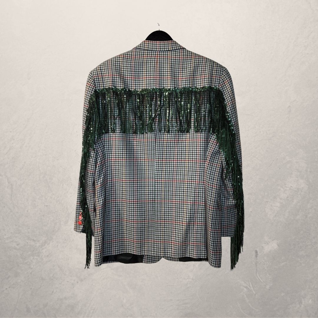Vintage plaid with green glitter fringes blazer OS- by Holy Disco