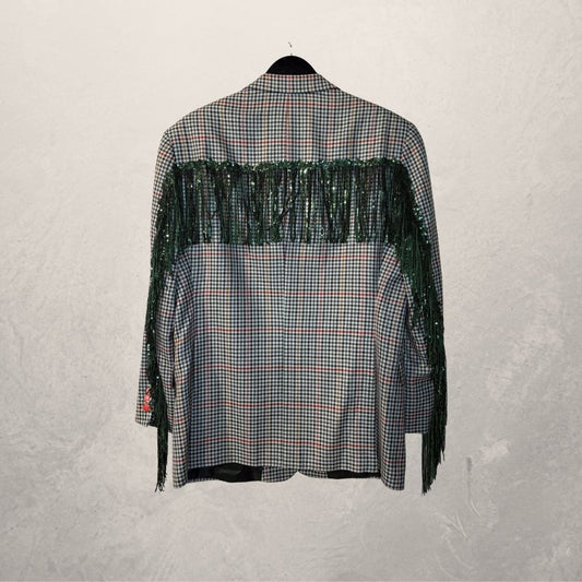 Vintage plaid with green glitter fringes blazer OS- by Holy Disco