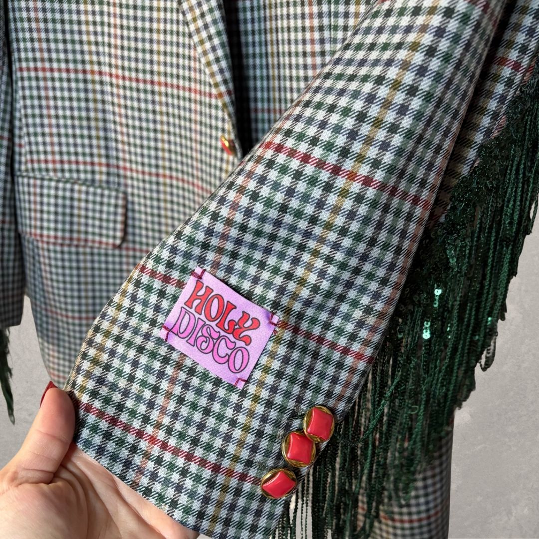 Vintage plaid with green glitter fringes blazer OS- by Holy Disco