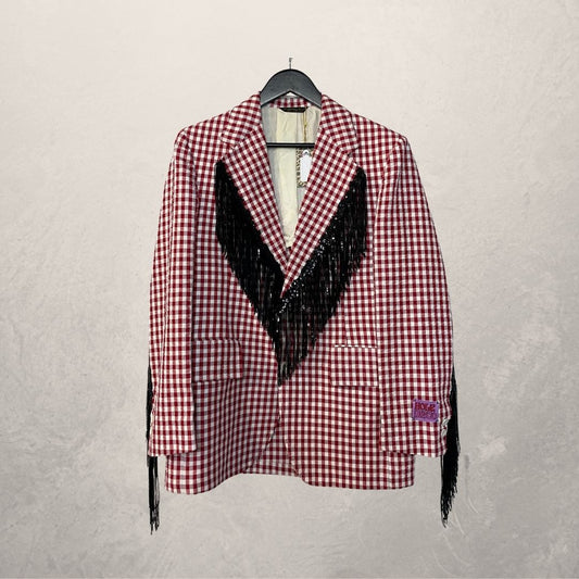 Vintage rood geruit met zwarte glitterfranjes blazer OS- By Holy Disco