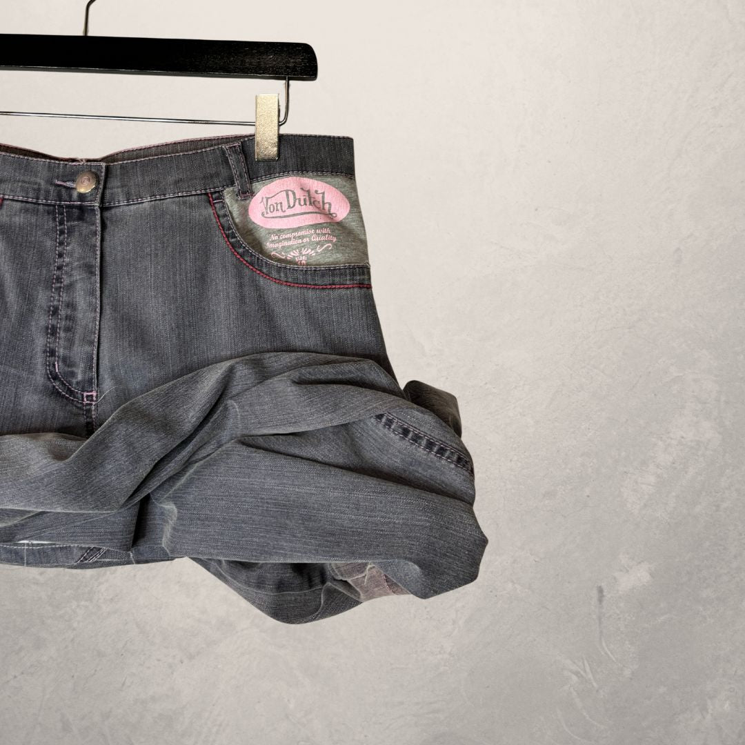 Von Dutch grey denim upcycled skirt OS- By WNDYdesign