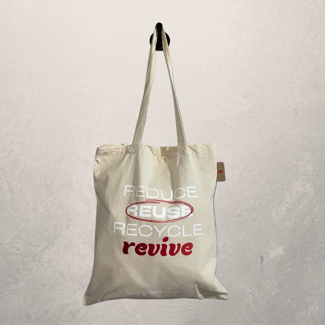 "Reduce, Reuse, Recycle, REVIVE" recycled cotton tote bag