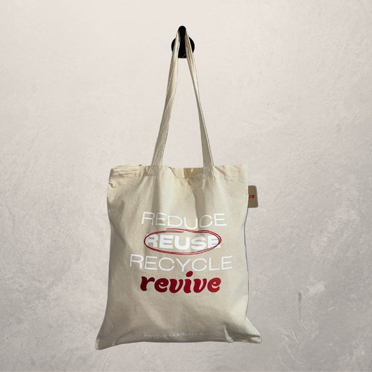 "Reduce, Reuse, Recycle, REVIVE" draagtas van gerecycled katoen