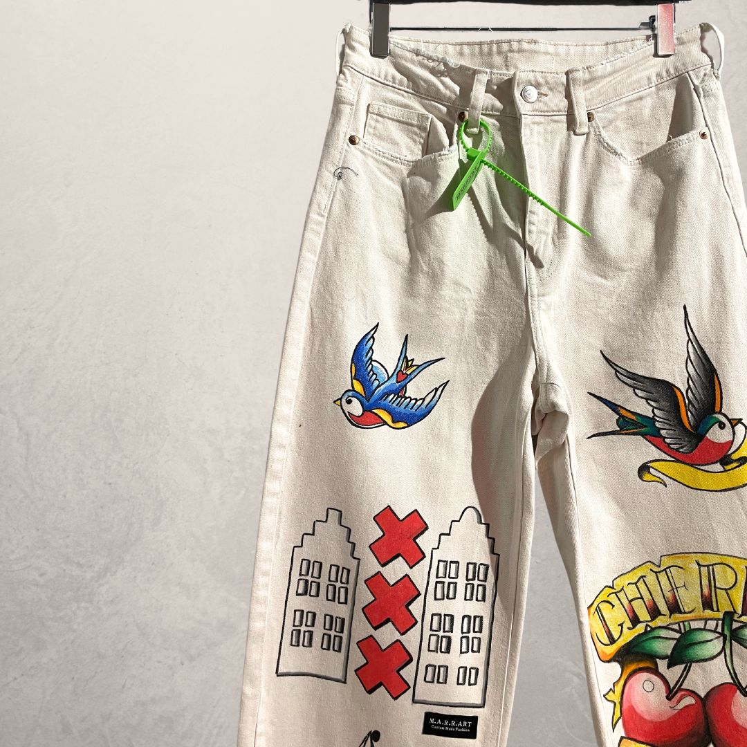 XXX traditional tattoo white hi waist pants M/L- By @M.a.r.r.art