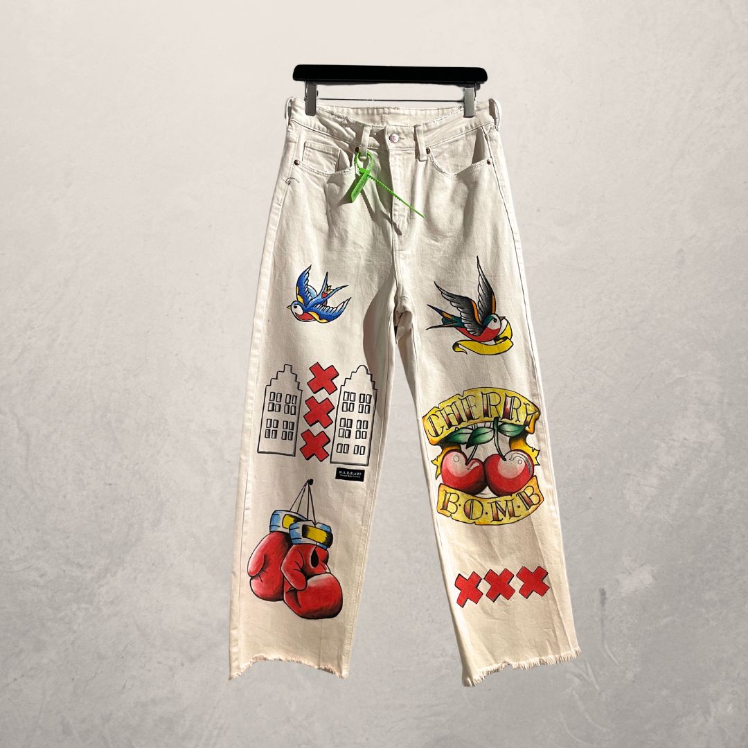 XXX traditional tattoo white hi waist pants M/L- By @M.a.r.r.art