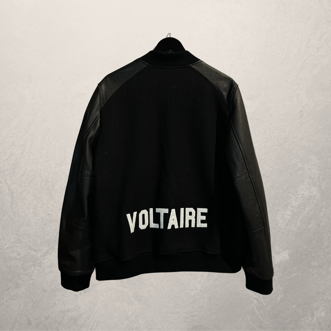 Zadig & Voltaire black leather sleeve varsity jacket L