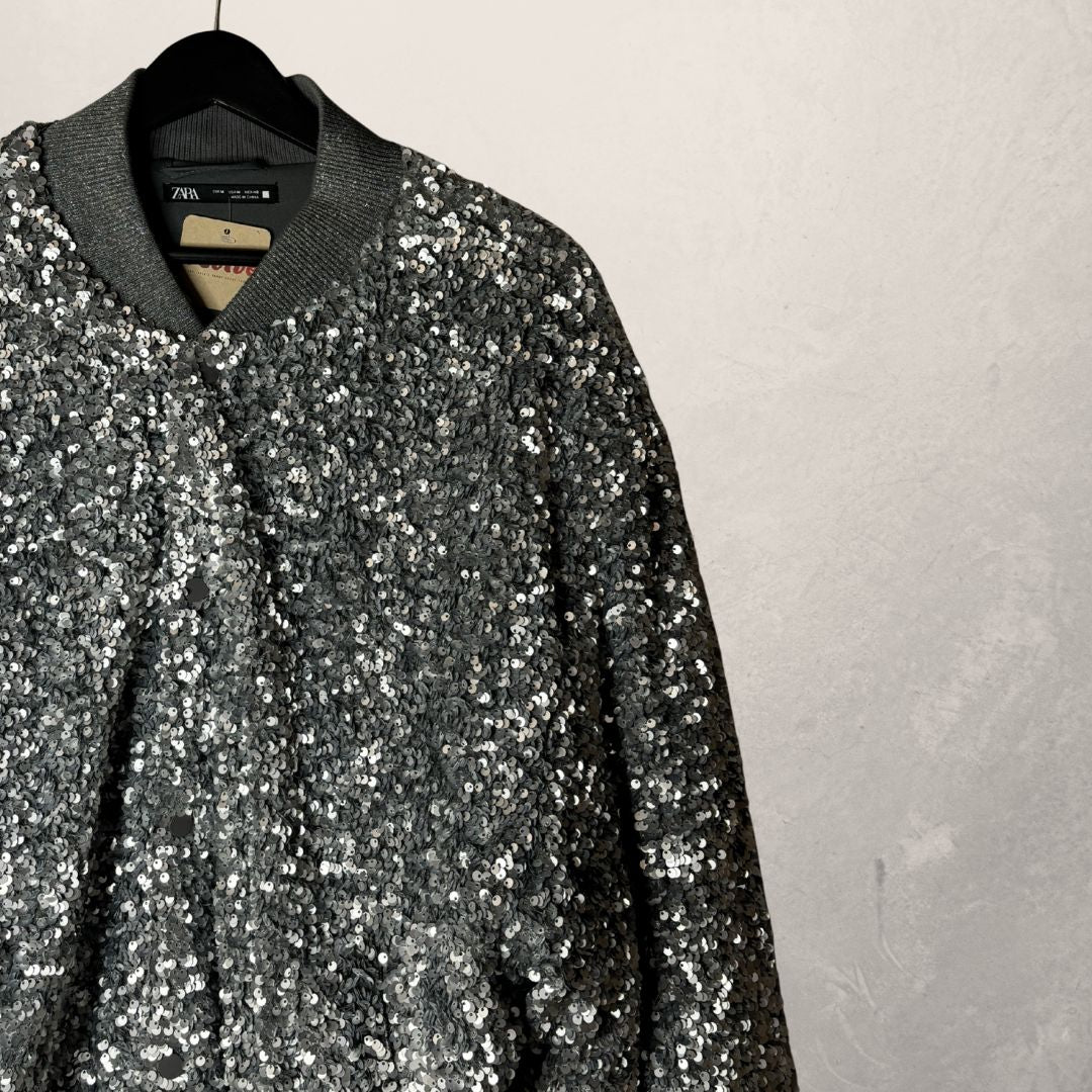 Zara zilveren bomberjack met pailletten, maat M