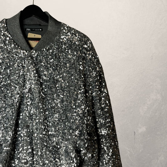 Zara zilveren bomberjack met pailletten, maat M