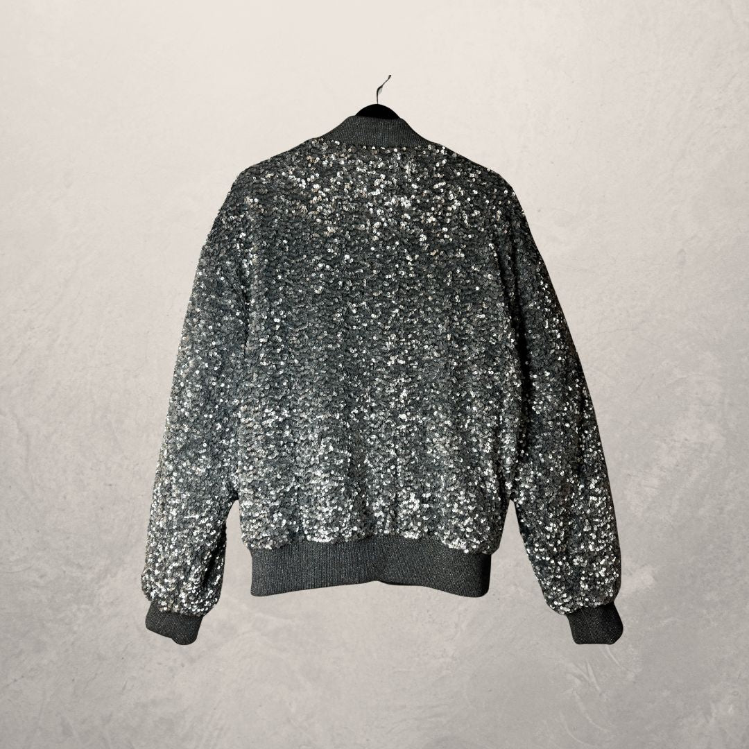 Zara zilveren bomberjack met pailletten, maat M