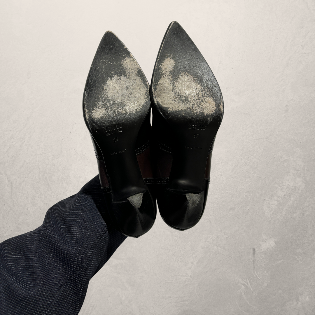 Miu Miu  black leather	heels with jeweled heel 38- Velvet Archive