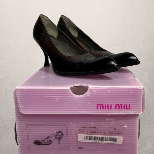 Miu Miu  black leather	heels with jeweled heel 38- Velvet Archive