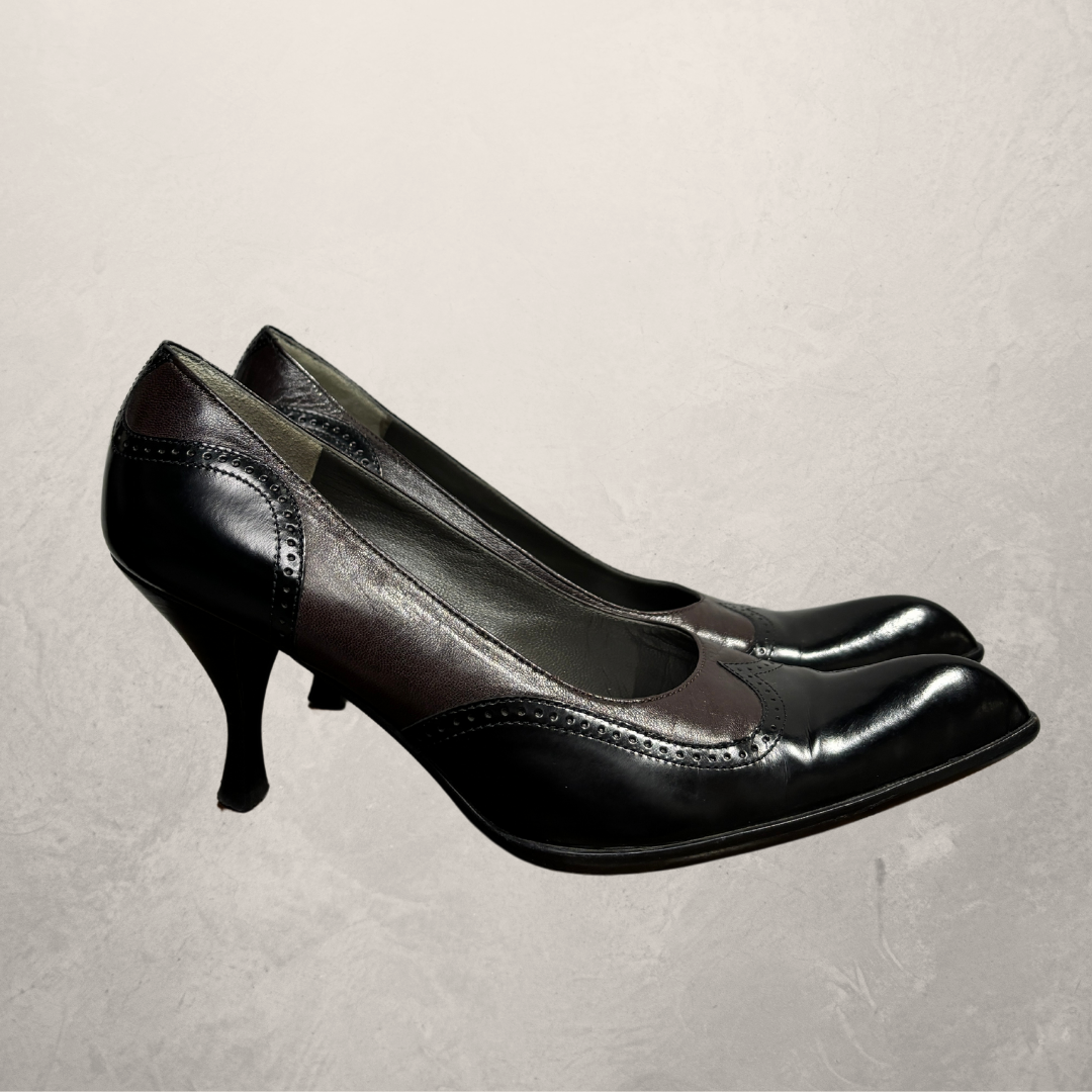 Miu Miu  black leather	heels with jeweled heel 38- Velvet Archive