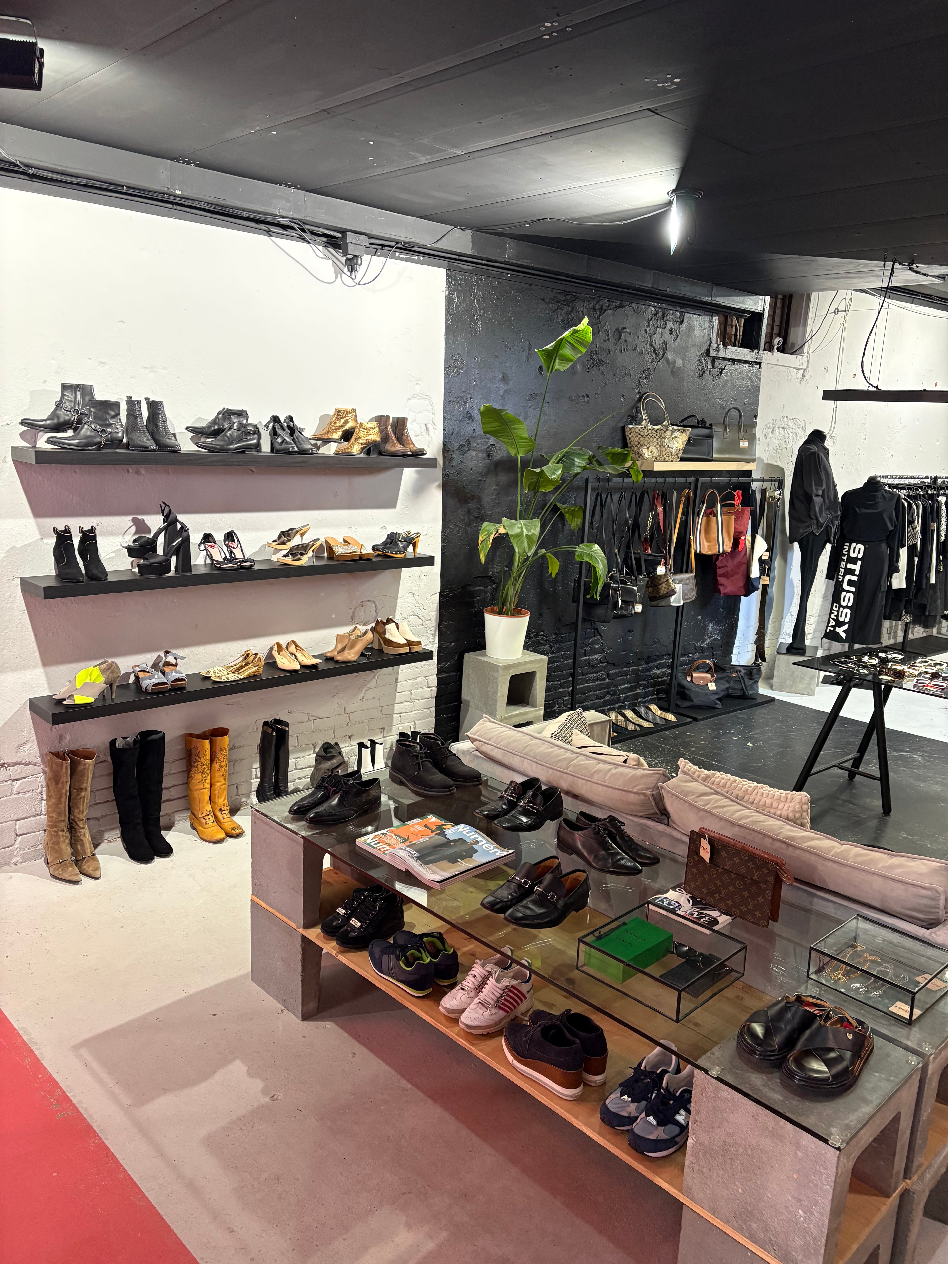 Shoe store interior with shelves displaying various shoes and accessories.