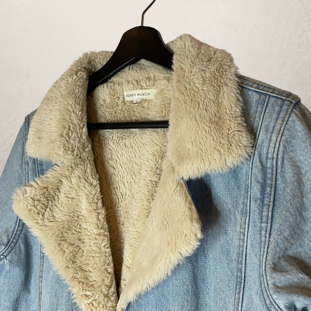 HONEY PUNCH light blue long denim teddy jacket SIZE LARGE