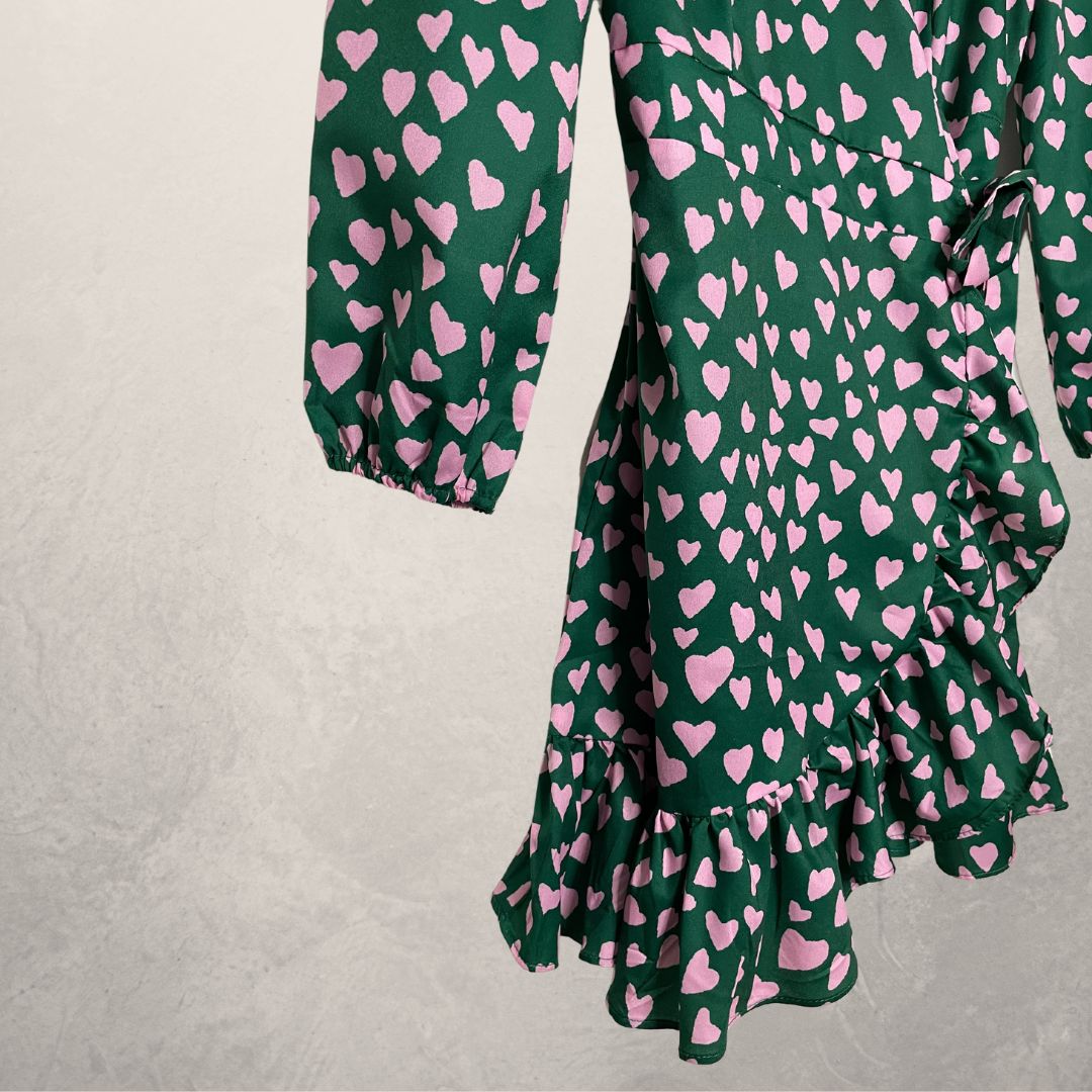 KILIBBI green with pink hearts wrap dress SIZE SMALL