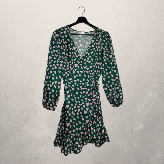 KILIBBI green with pink hearts wrap dress SIZE SMALL