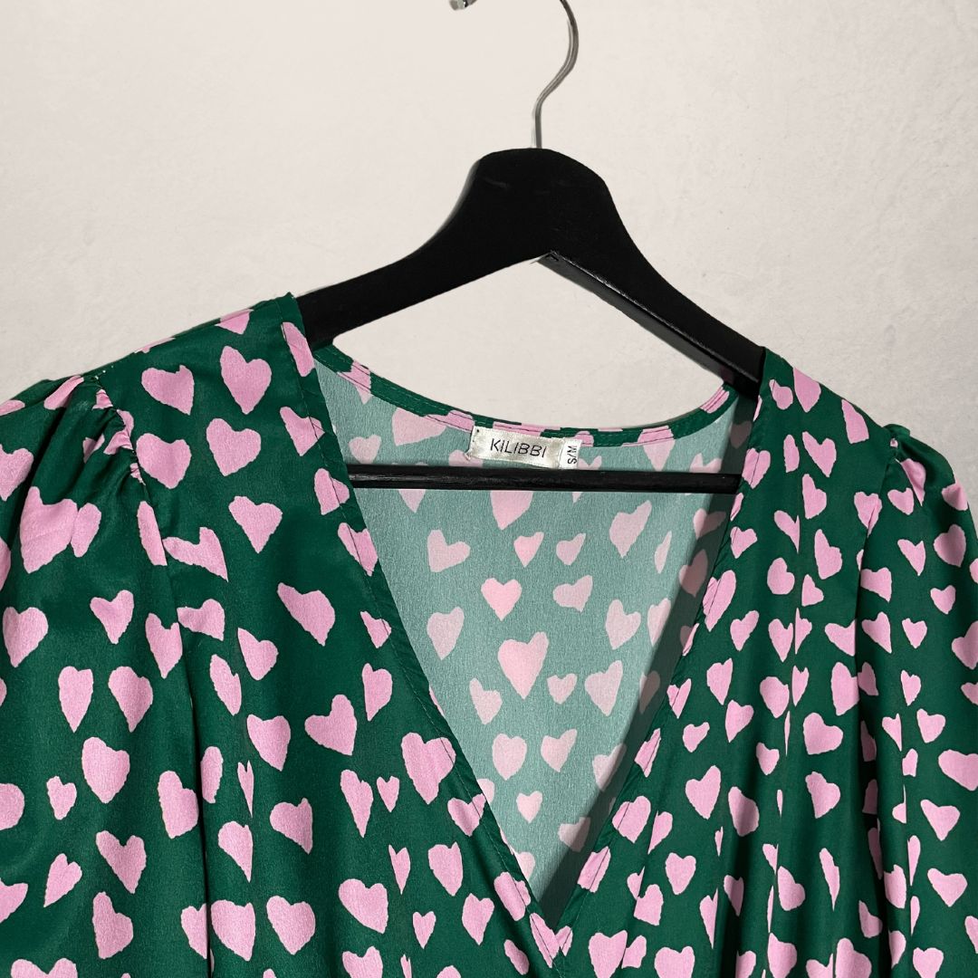 KILIBBI green with pink hearts wrap dress SIZE SMALL